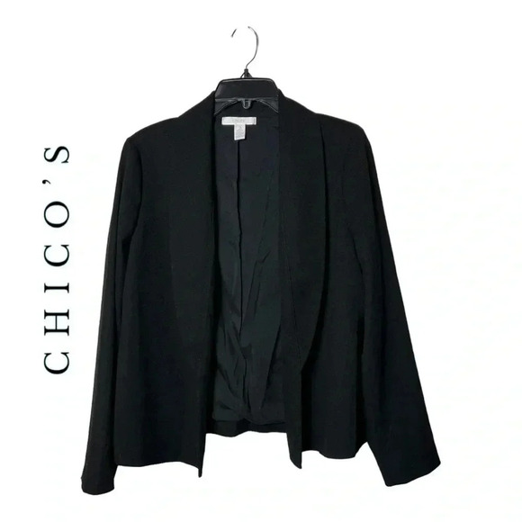 1600. CHICO’S OPEN FRONT BLAZER BLACK IN COLOR SIZE‎ 2 COLLARED LONG SLEEVE - Picture 1 of 9